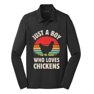 Chicken Just A Boy Who Loves Retro Farm Animal Farmer Sunset Silk Touch Performance Long Sleeve Polo