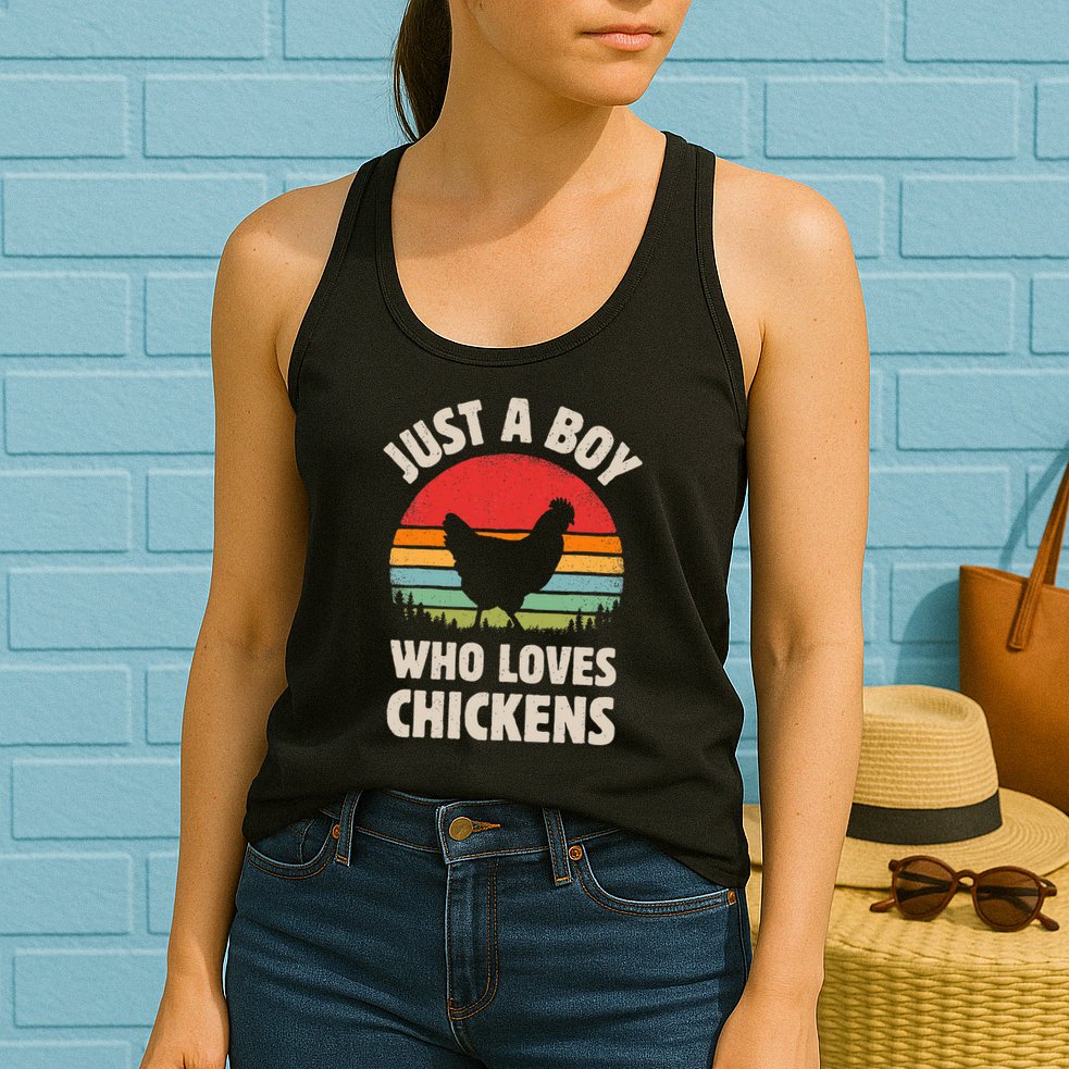 Chicken Just A Boy Who Loves Retro Farm Animal Farmer Sunset Womens Tank Top