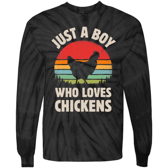 Chicken Just A Boy Who Loves Retro Farm Animal Farmer Sunset Tie-Dye Long Sleeve Shirt