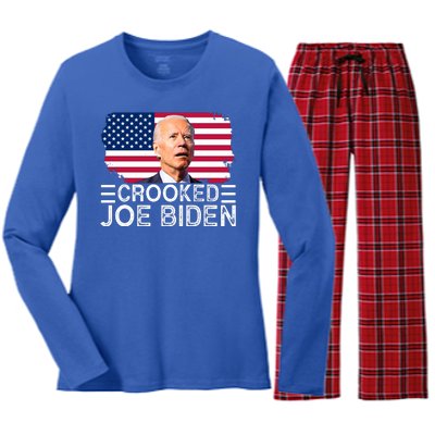 Crooked Joe Biden Flag Pro Trump 2024 Women's Long Sleeve Flannel Pajama Set 