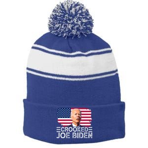 Crooked Joe Biden Flag Pro Trump 2024 Stripe Pom Pom Beanie