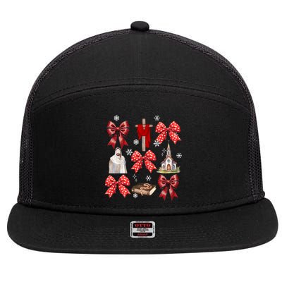 Coquette Jesus Christmas Bow Christian Bibble Verse Nativity 7 Panel Mesh Trucker Snapback Hat