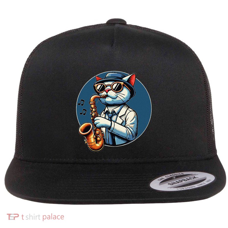 Cool Jazz Cat Playing Saxophone Design Flat Bill Trucker Hat