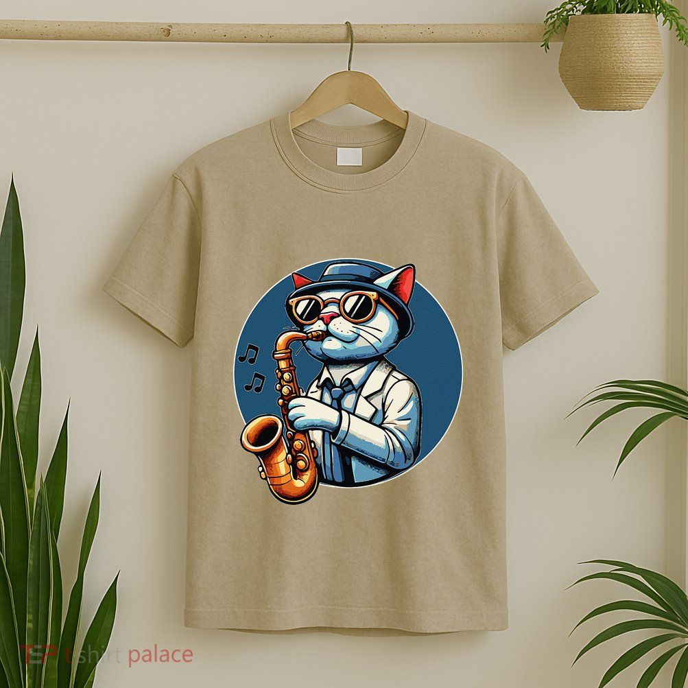 Cool Jazz Cat Playing Saxophone Design T-Shirt