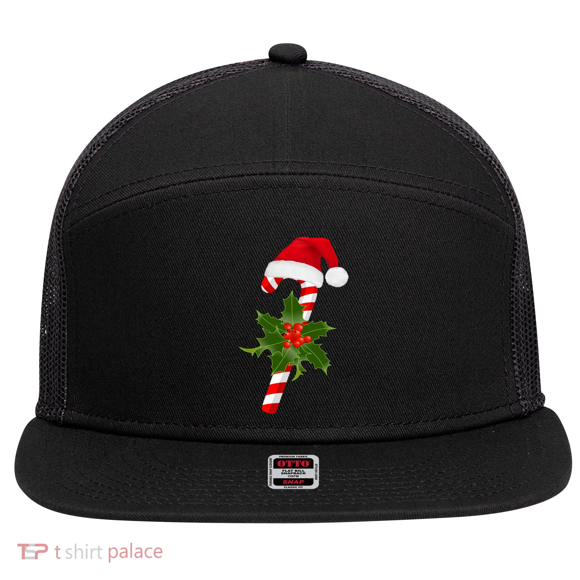 Christmas Jolly Candy Cane 7 Panel Mesh Trucker Snapback Hat
