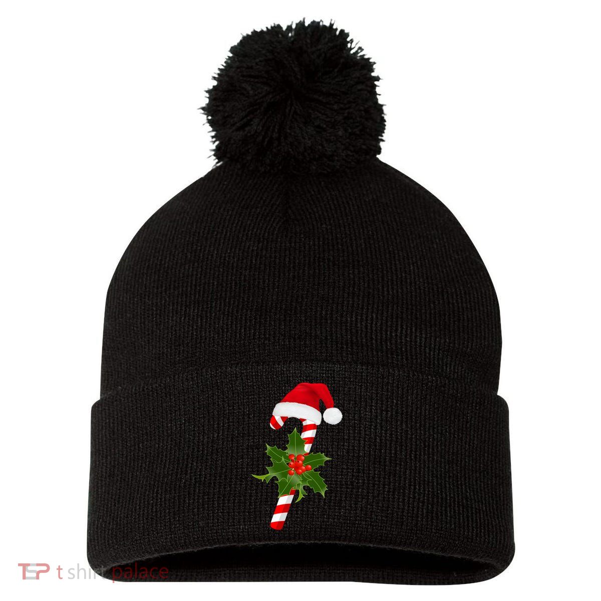 Christmas Jolly Candy Cane Pom Pom 12in Knit Beanie