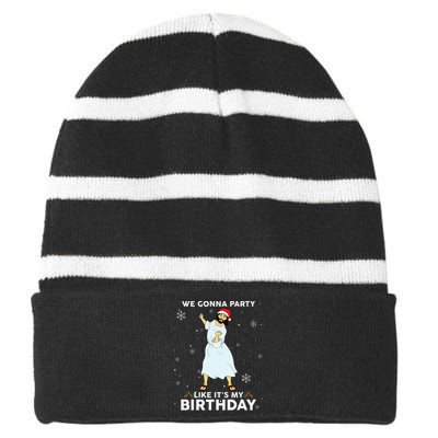 Christmas Jesus Dancing We Gonna Party Like ItS My Birthday Striped Beanie with Solid Band