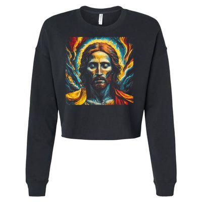 Christian Jesus Fire and Water Colorful Art  Cropped Pullover Crew