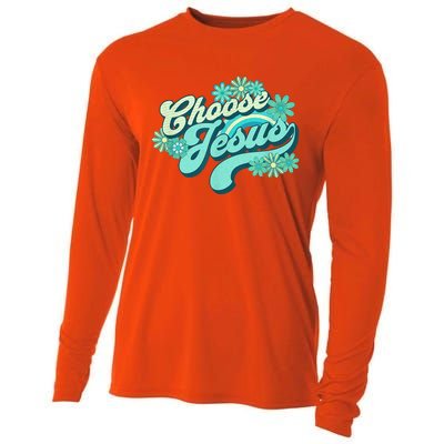 Choose Jesus Groovy Flowers Christian Retro Love Peace Cute Cooling Performance Long Sleeve Crew