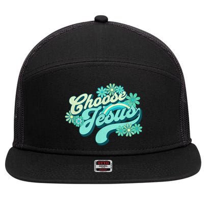Choose Jesus Groovy Flowers Christian Retro Love Peace Cute 7 Panel Mesh Trucker Snapback Hat