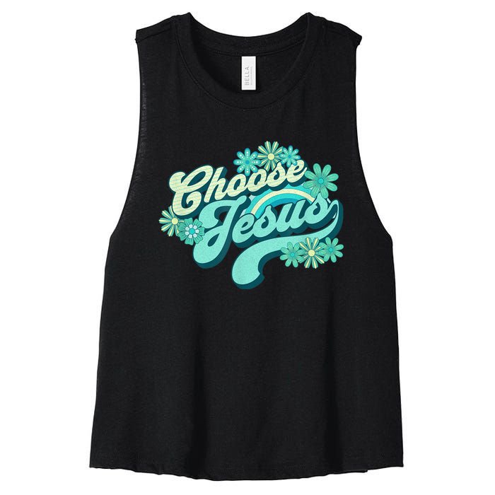 Choose Jesus Groovy Flowers Christian Retro Love Peace Cute Women's Racerback Cropped Tank