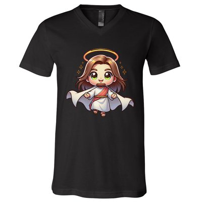 Cute Jesus Hero Christian Church Superhero Faith God V-Neck T-Shirt