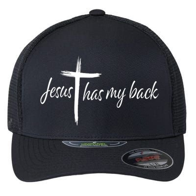 Cross Jesus Has My Back Christian Worshiper Religious Saying Flexfit Unipanel Trucker Cap