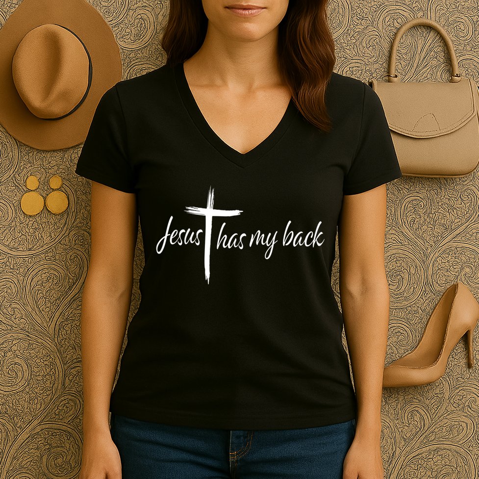 Cross Jesus Has My Back Christian Worshiper Religious Saying Women's V-Neck T-Shirt