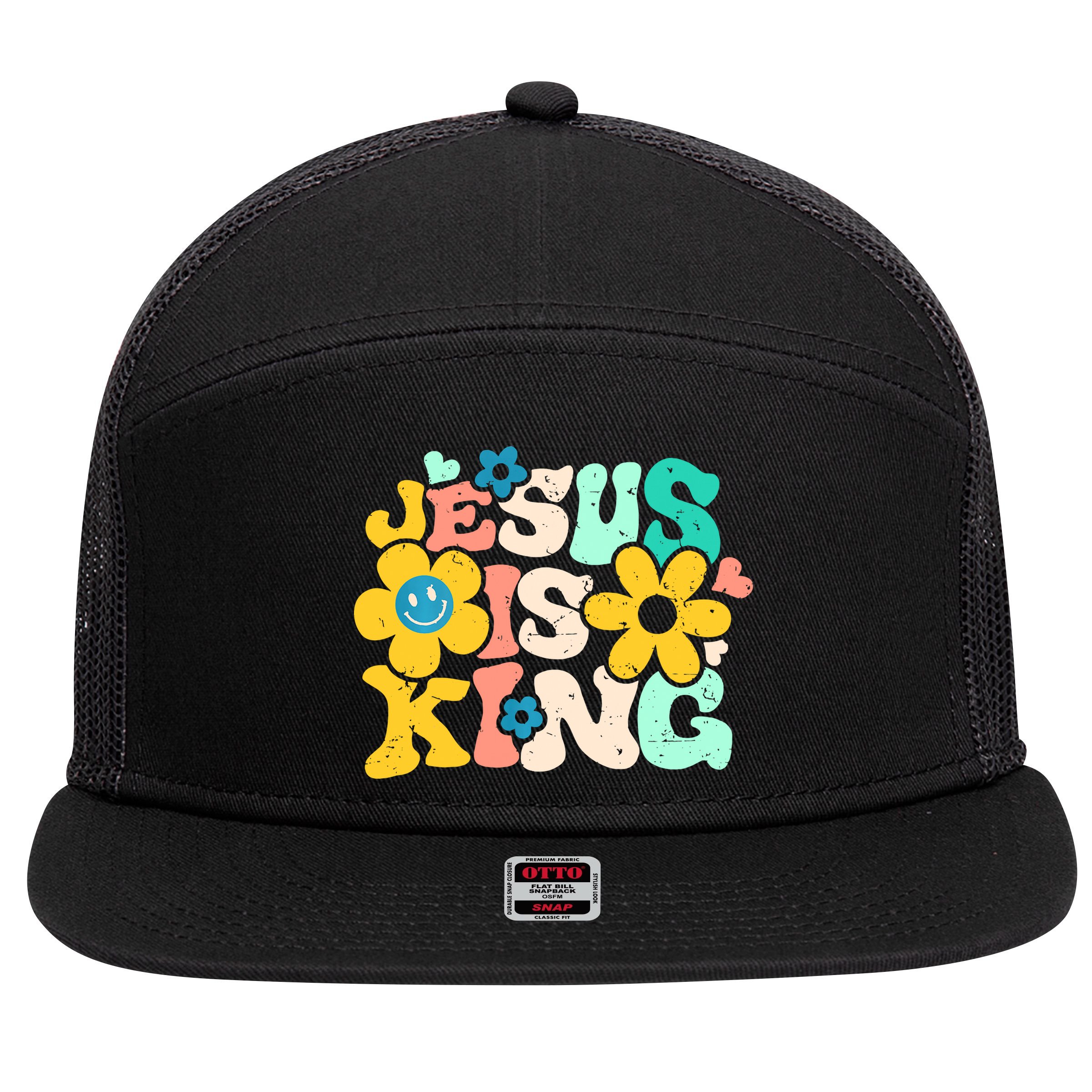 Christian Jesus Is King Aesthetic Groovy 7 Panel Mesh Trucker Snapback Hat