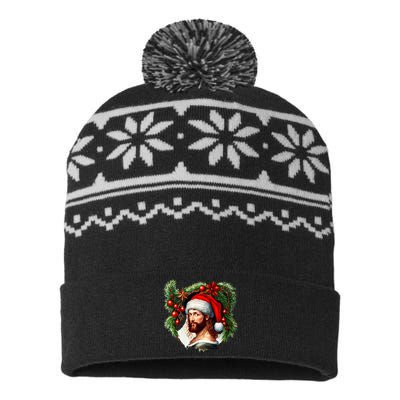 Christmas Jesus In Santa Hat Portrait Decorations USA-Made Snowflake Beanie