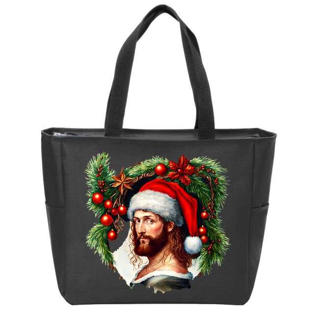 Christmas Jesus In Santa Hat Portrait Decorations Zip Tote Bag
