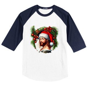 Christmas Jesus In Santa Hat Portrait Decorations Baseball Sleeve Shirt