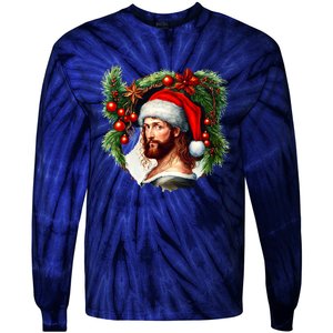 Christmas Jesus In Santa Hat Portrait Decorations Tie-Dye Long Sleeve Shirt