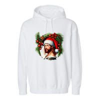 Christmas Jesus In Santa Hat Portrait Decorations Garment-Dyed Fleece Hoodie