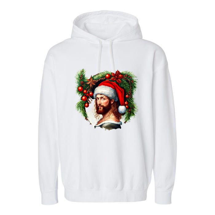 Christmas Jesus In Santa Hat Portrait Decorations Garment-Dyed Fleece Hoodie