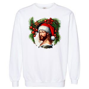 Christmas Jesus In Santa Hat Portrait Decorations Garment-Dyed Sweatshirt