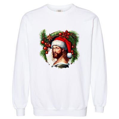 Christmas Jesus In Santa Hat Portrait Decorations Garment-Dyed Sweatshirt