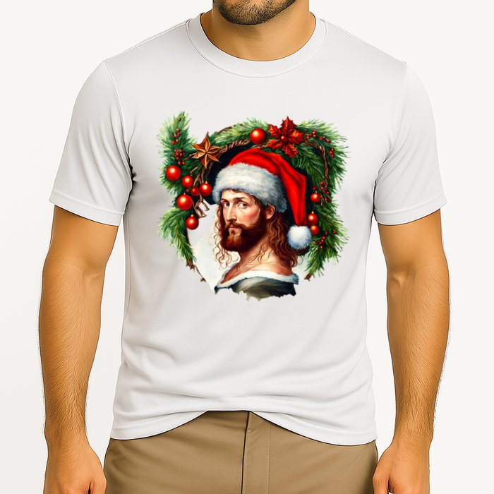 Christmas Jesus In Santa Hat Portrait Decorations Cooling Performance Crew T-Shirt