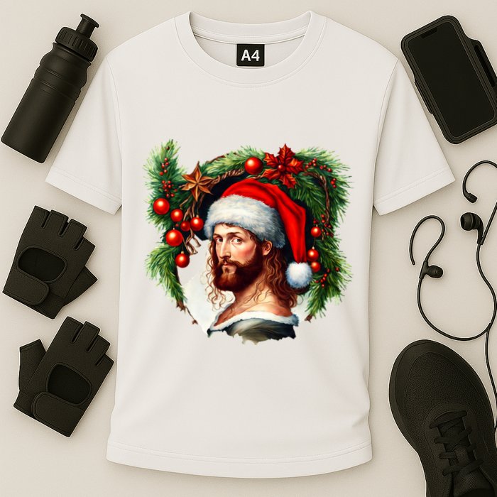 Christmas Jesus In Santa Hat Portrait Decorations Cooling Performance Crew T-Shirt