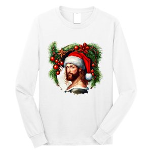 Christmas Jesus In Santa Hat Portrait Decorations Long Sleeve Shirt