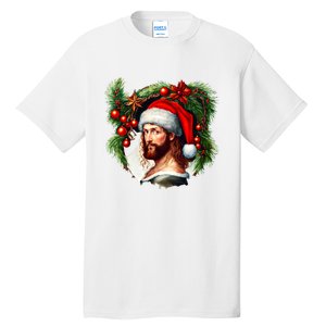 Christmas Jesus In Santa Hat Portrait Decorations Tall T-Shirt