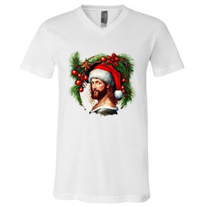 Christmas Jesus In Santa Hat Portrait Decorations V-Neck T-Shirt