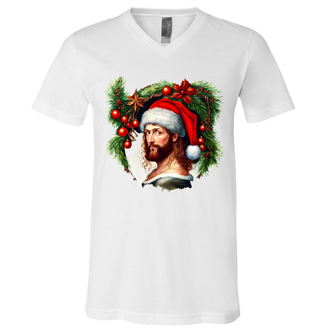 Christmas Jesus In Santa Hat Portrait Decorations V-Neck T-Shirt