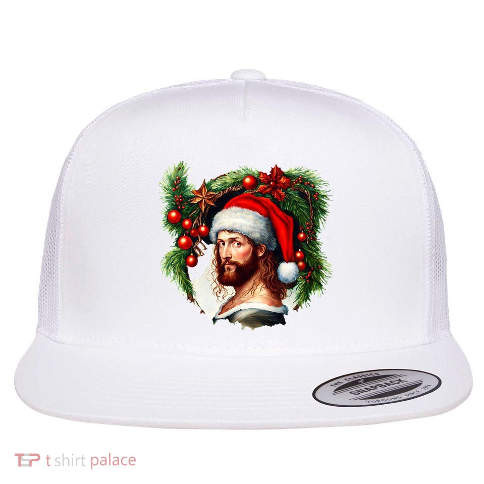 Christmas Jesus In Santa Hat Portrait Decorations Flat Bill Trucker Hat