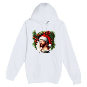 Christmas Jesus In Santa Hat Portrait Decorations Premium Pullover Hoodie