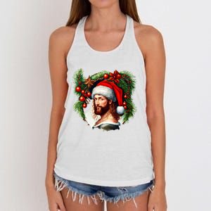 Christmas Jesus In Santa Hat Portrait Decorations Women's Knotted Racerback Tank