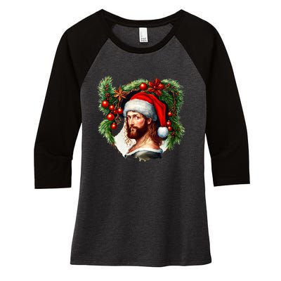 Christmas Jesus In Santa Hat Portrait Decorations Women's Tri-Blend 3/4-Sleeve Raglan Shirt