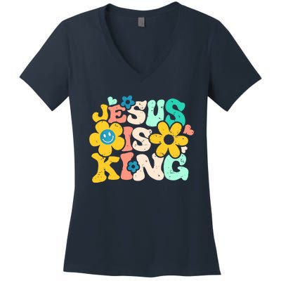 Christian Jesus Is King Aesthetic Groovy Women's V-Neck T-Shirt