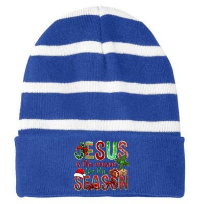 Christmas Jesus Is The Reason For The Season Jesus Pajamas Swea Striped Beanie with Solid Band