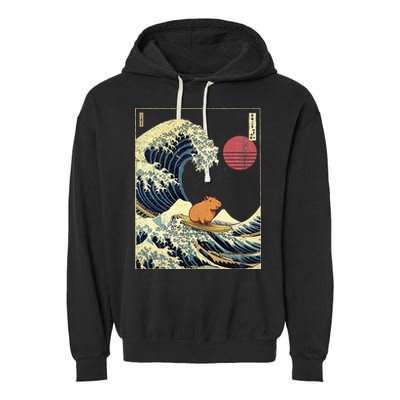 Capybara Japanese Kanagawa Wave Funny Surf Animal Garment-Dyed Fleece Hoodie
