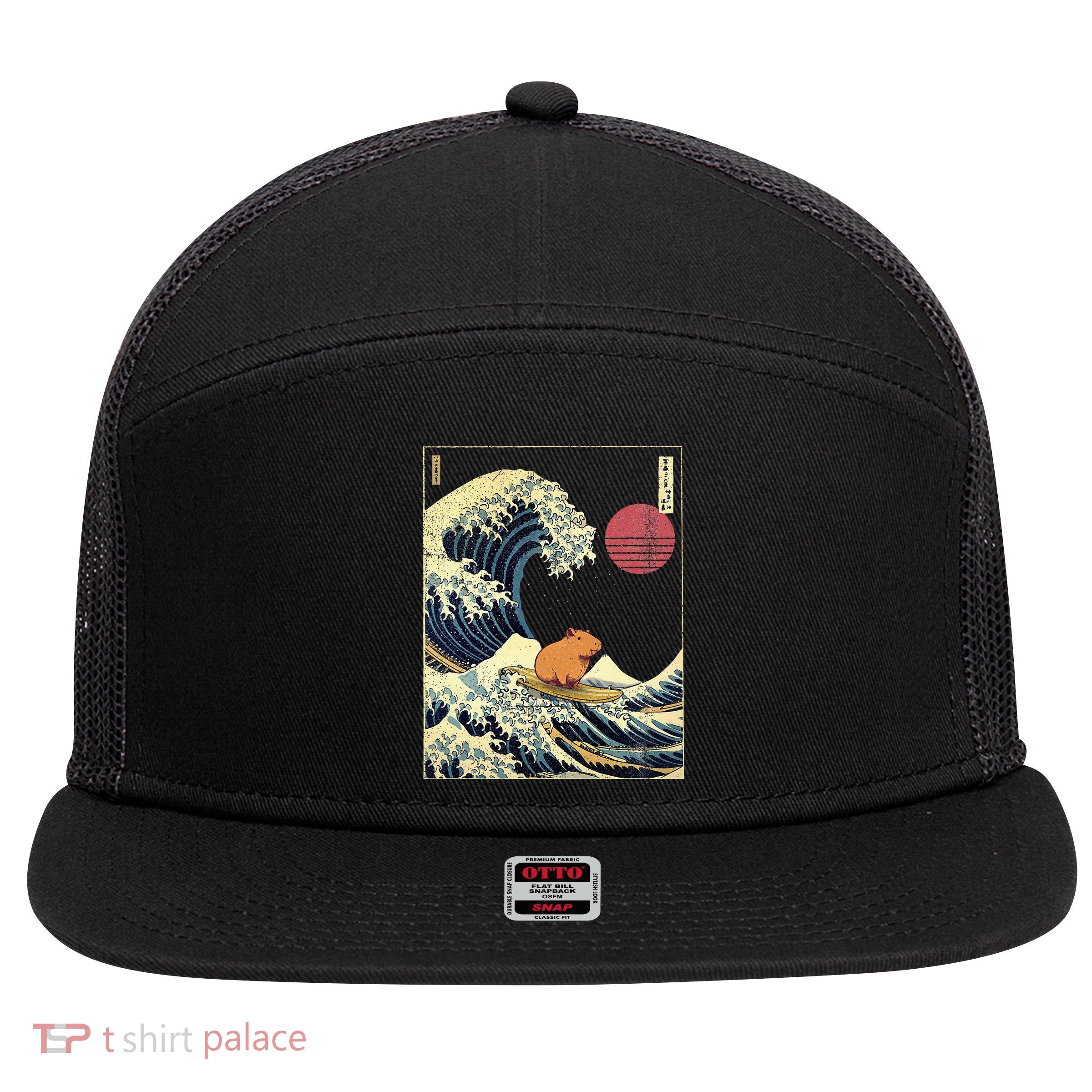 Capybara Japanese Kanagawa Wave Funny Surf Animal 7 Panel Mesh Trucker Snapback Hat