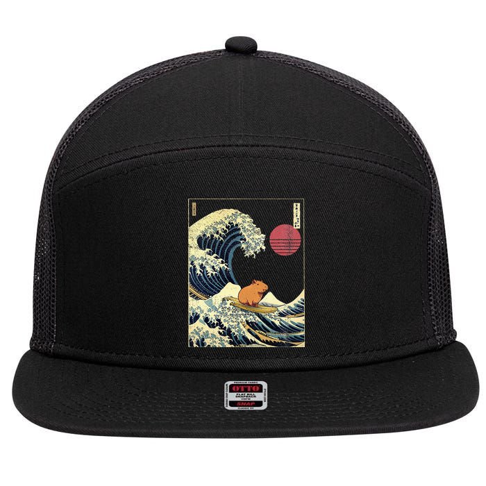 Capybara Japanese Kanagawa Wave Funny Surf Animal 7 Panel Mesh Trucker Snapback Hat