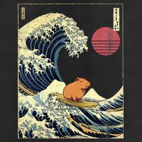 Capybara Japanese Kanagawa Wave Funny Surf Animal 7 Panel Mesh Trucker Snapback Hat