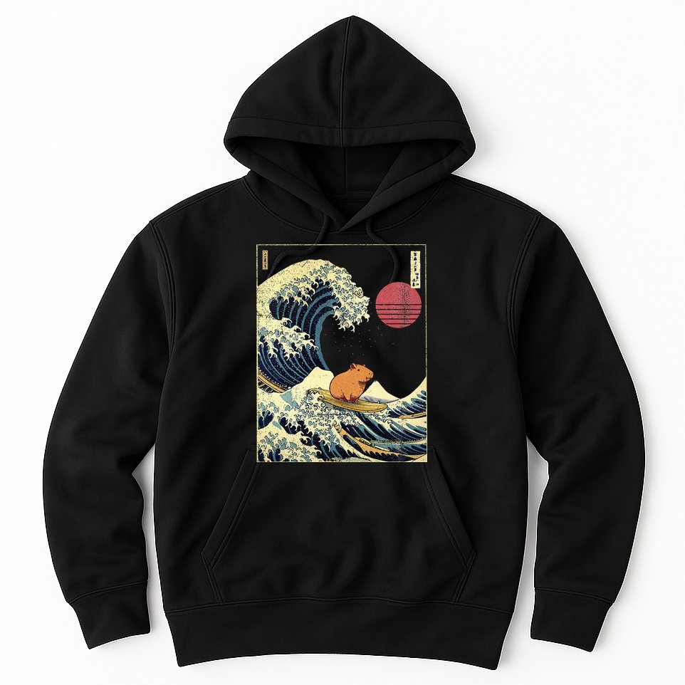 Capybara Japanese Kanagawa Wave Funny Surf Animal Hoodie