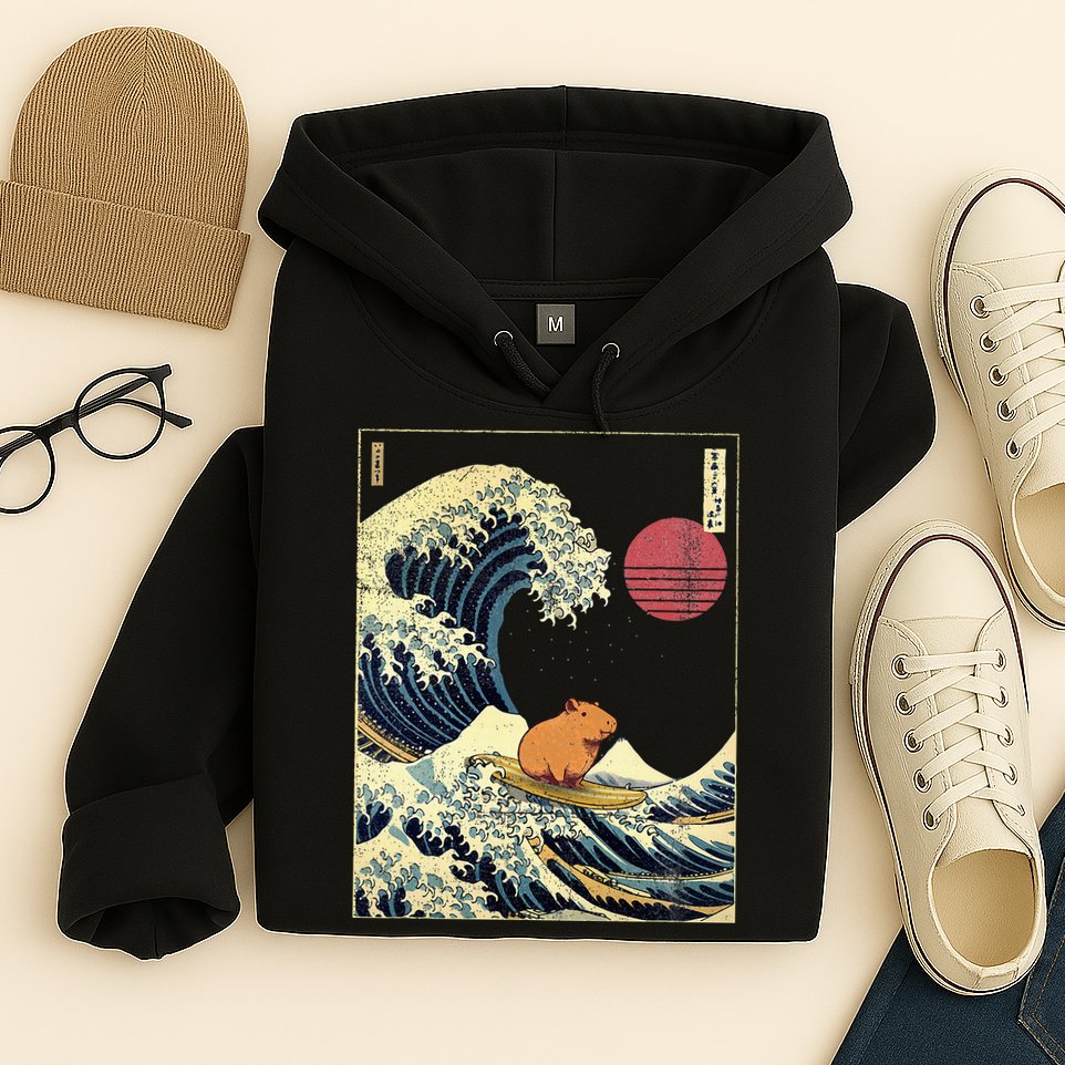 Capybara Japanese Kanagawa Wave Funny Surf Animal Hoodie