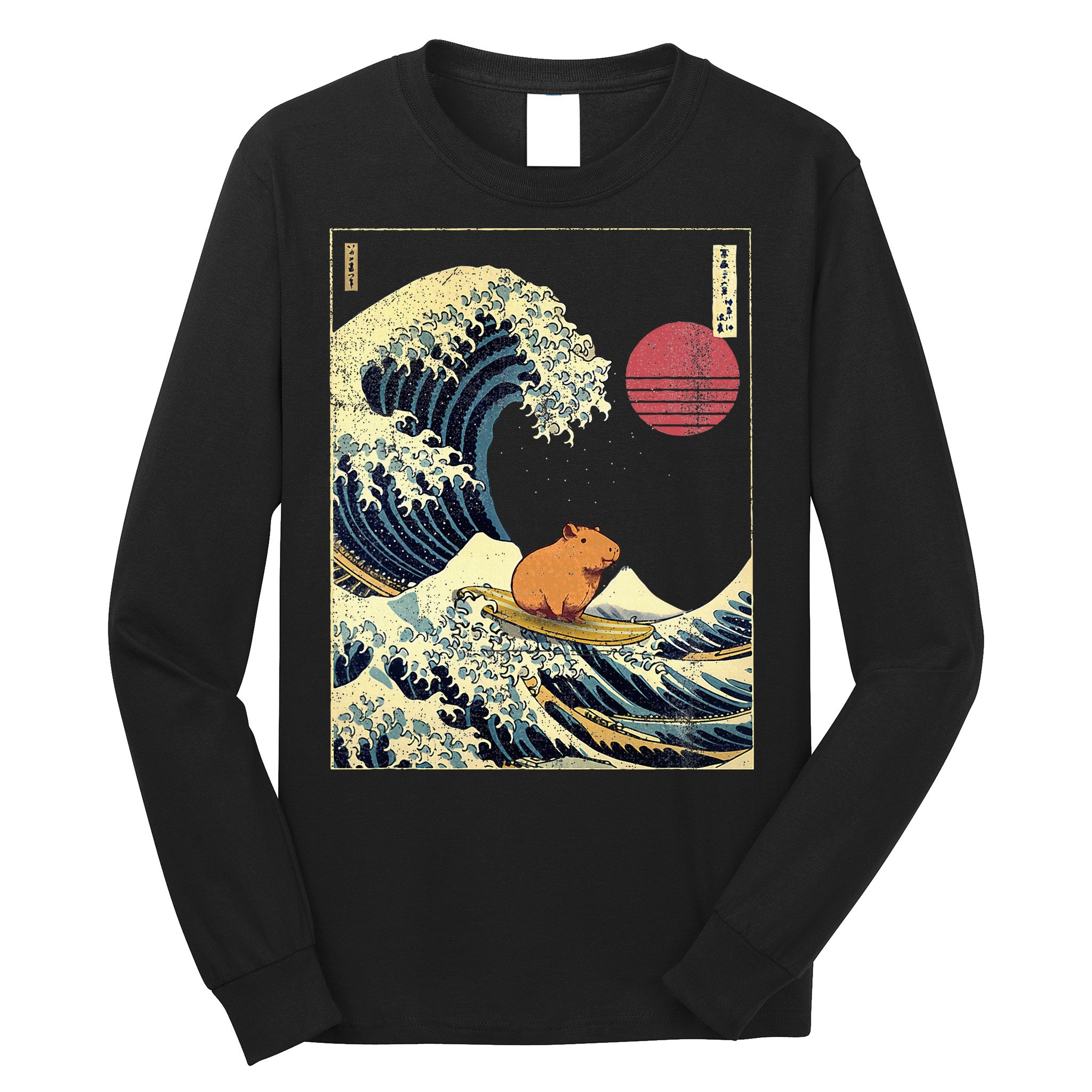 Capybara Japanese Kanagawa Wave Funny Surf Animal Long Sleeve Shirt