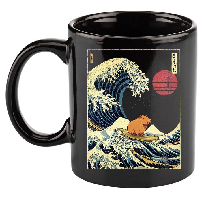 Capybara Japanese Kanagawa Wave Funny Surf Animal 11oz C Handle Ceramic Mug