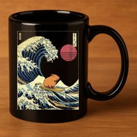 Capybara Japanese Kanagawa Wave Funny Surf Animal 11oz C Handle Ceramic Mug