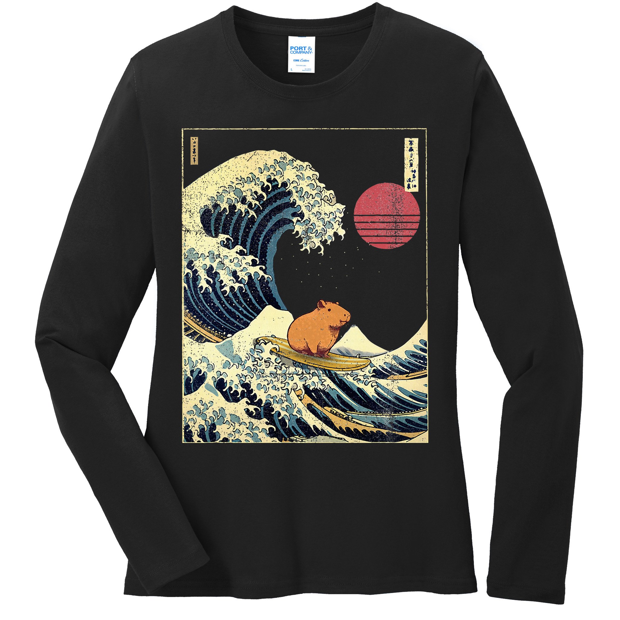 Capybara Japanese Kanagawa Wave Funny Surf Animal Ladies Long Sleeve Shirt
