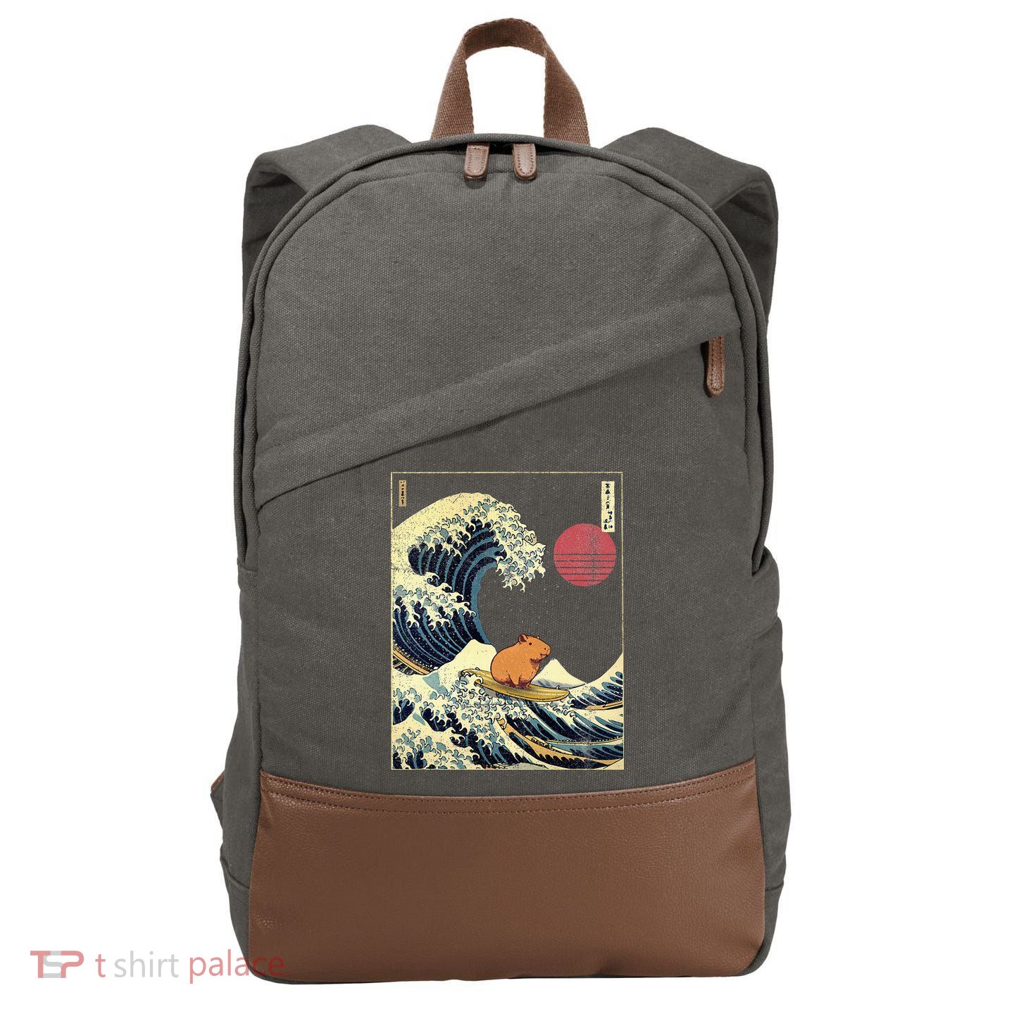 Capybara Japanese Kanagawa Wave Funny Surf Animal Cotton Canvas Backpack